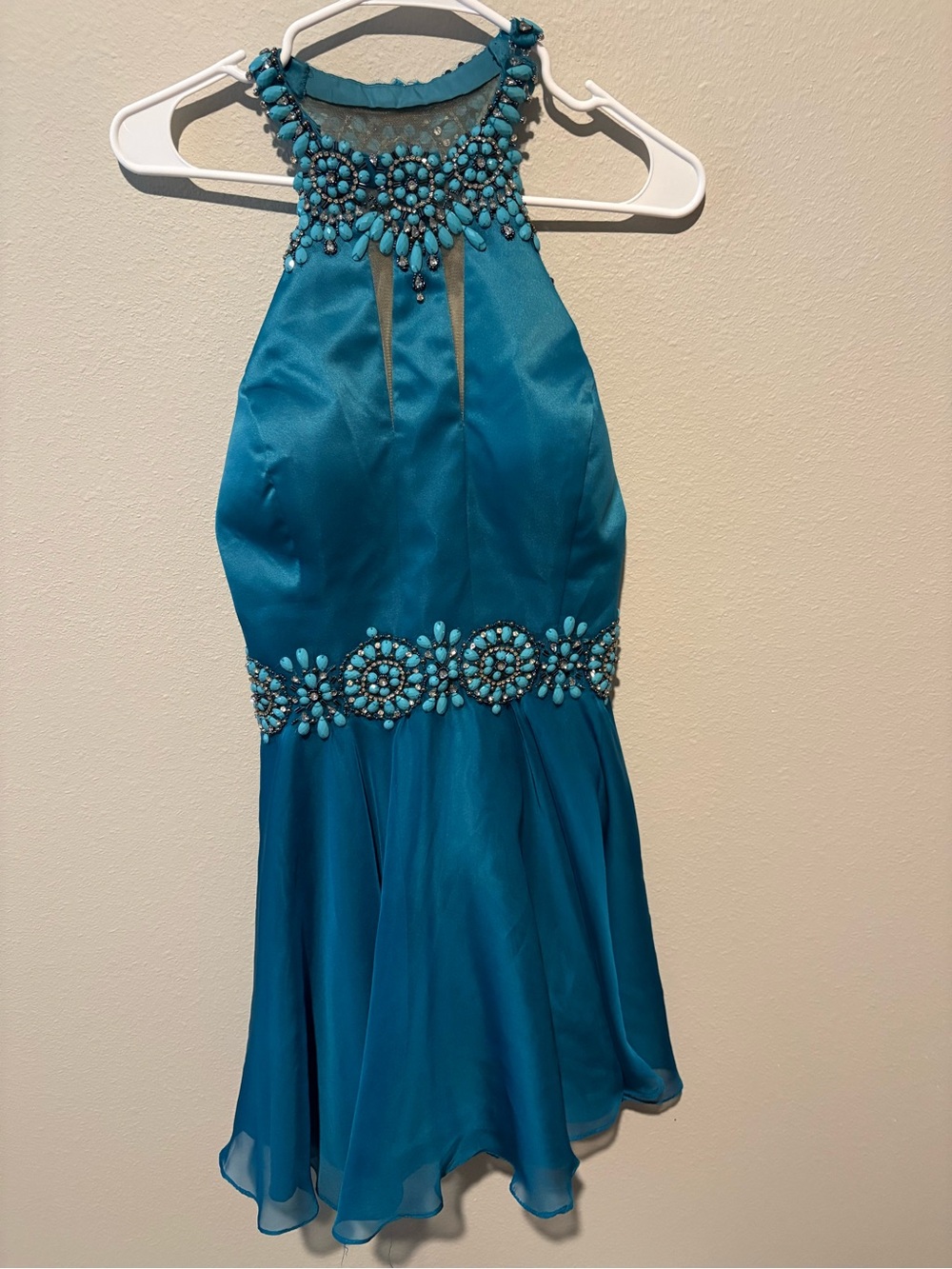Rachel Allan Teal Beaded Halter Prom Dress